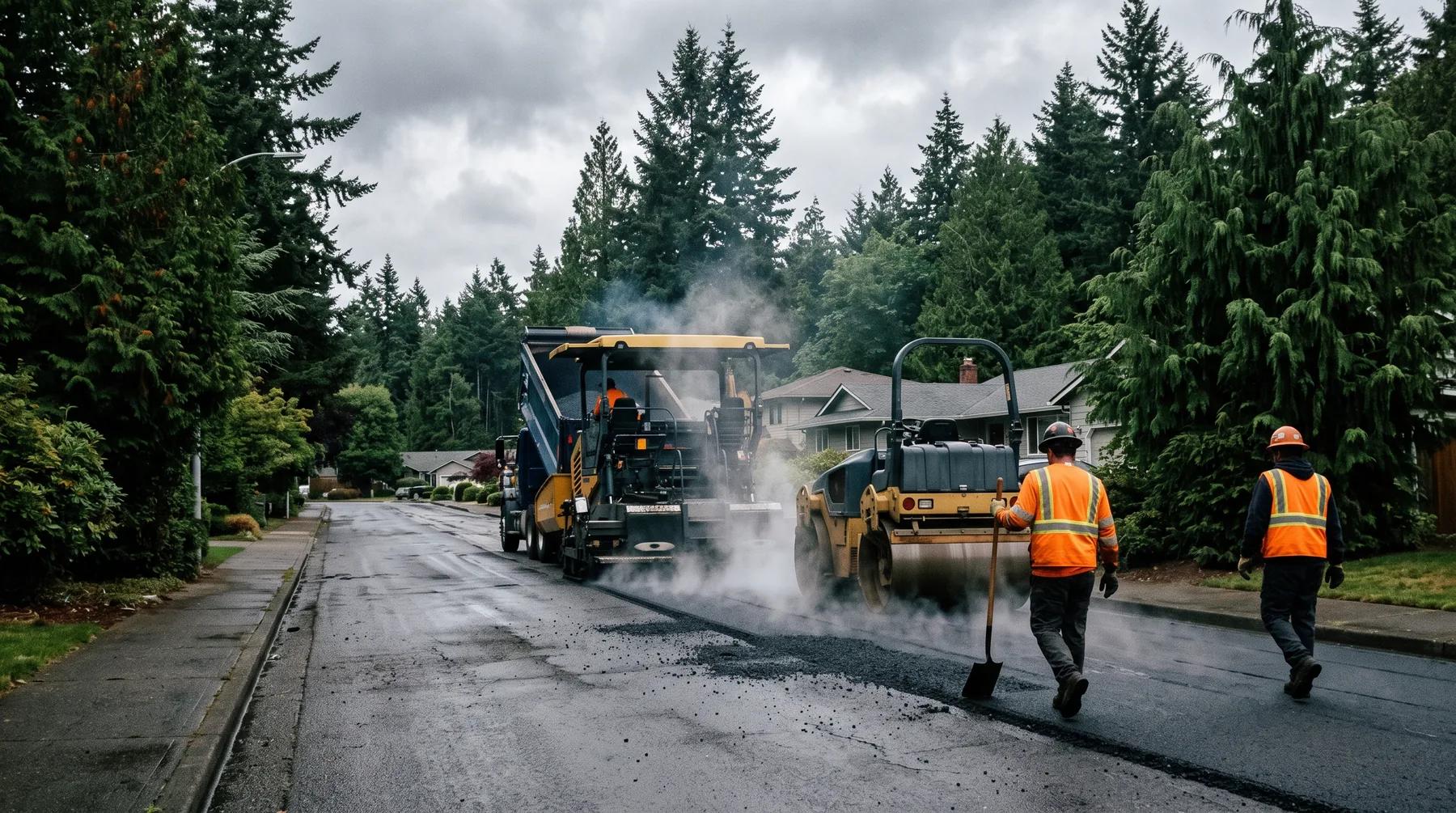 Paving crew placing hot mix asphalt on a residential street lined with evergreens