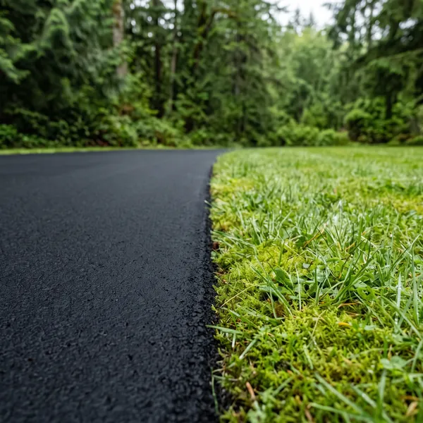 Crisp sealcoated asphalt edge against wet moss